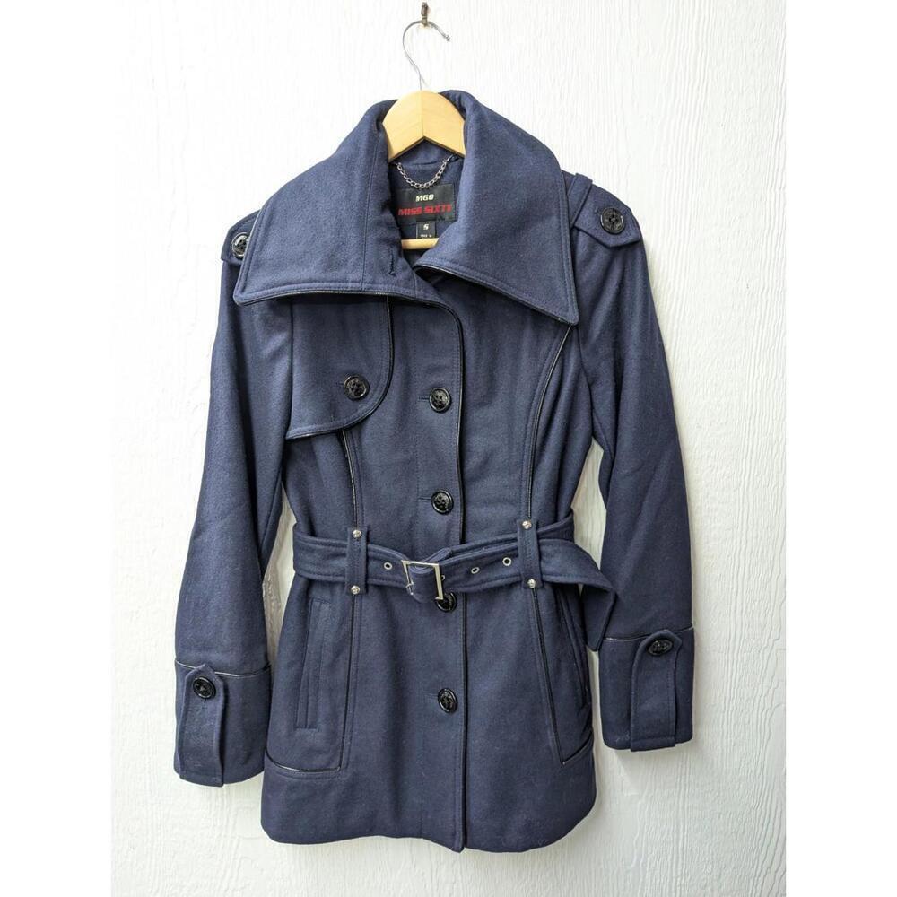 Miss Sixty M60 Y2K Navy Blue Wool Belted Pea Coat Jacket Size Small